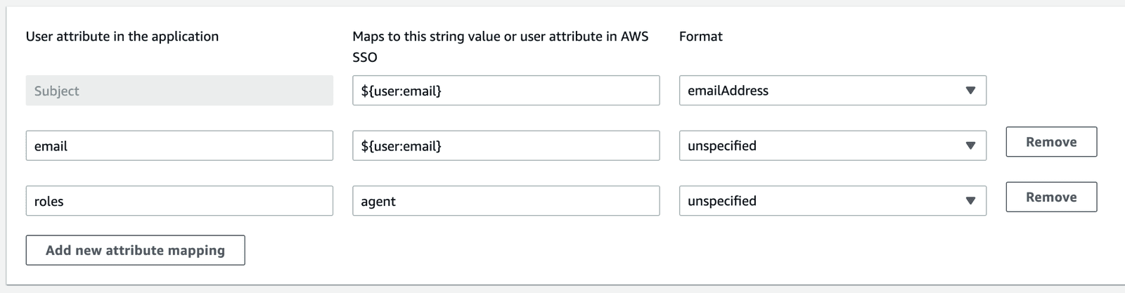 User attribute mapping with email and roles in AWS SSO.