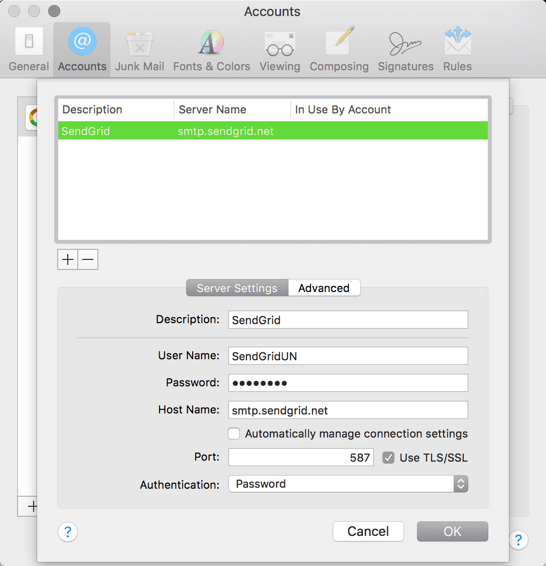Apple Mail account settings with SendGrid SMTP details including server name and port.