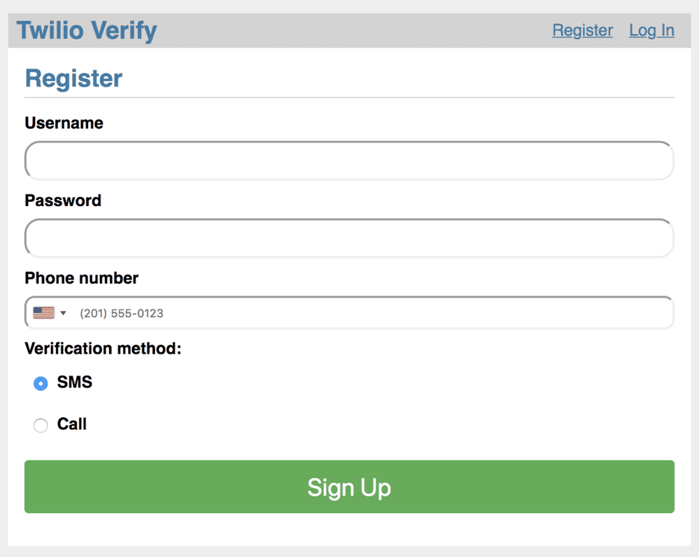 Twilio Verify registration form with fields for username, password, phone number, and verification method.