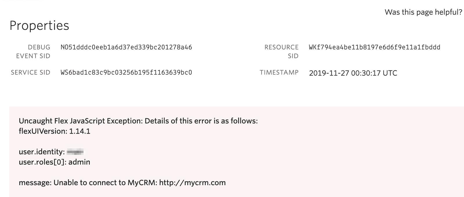 Uncaught Flex JavaScript Exception with details including version 1.14.1 and connection error to MyCRM.