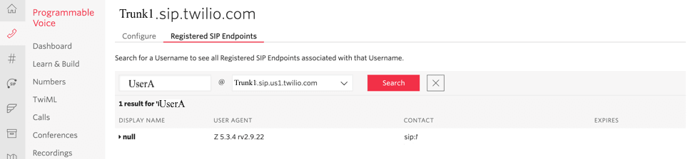Registered SIP Endpoints search interface with username input and search results.