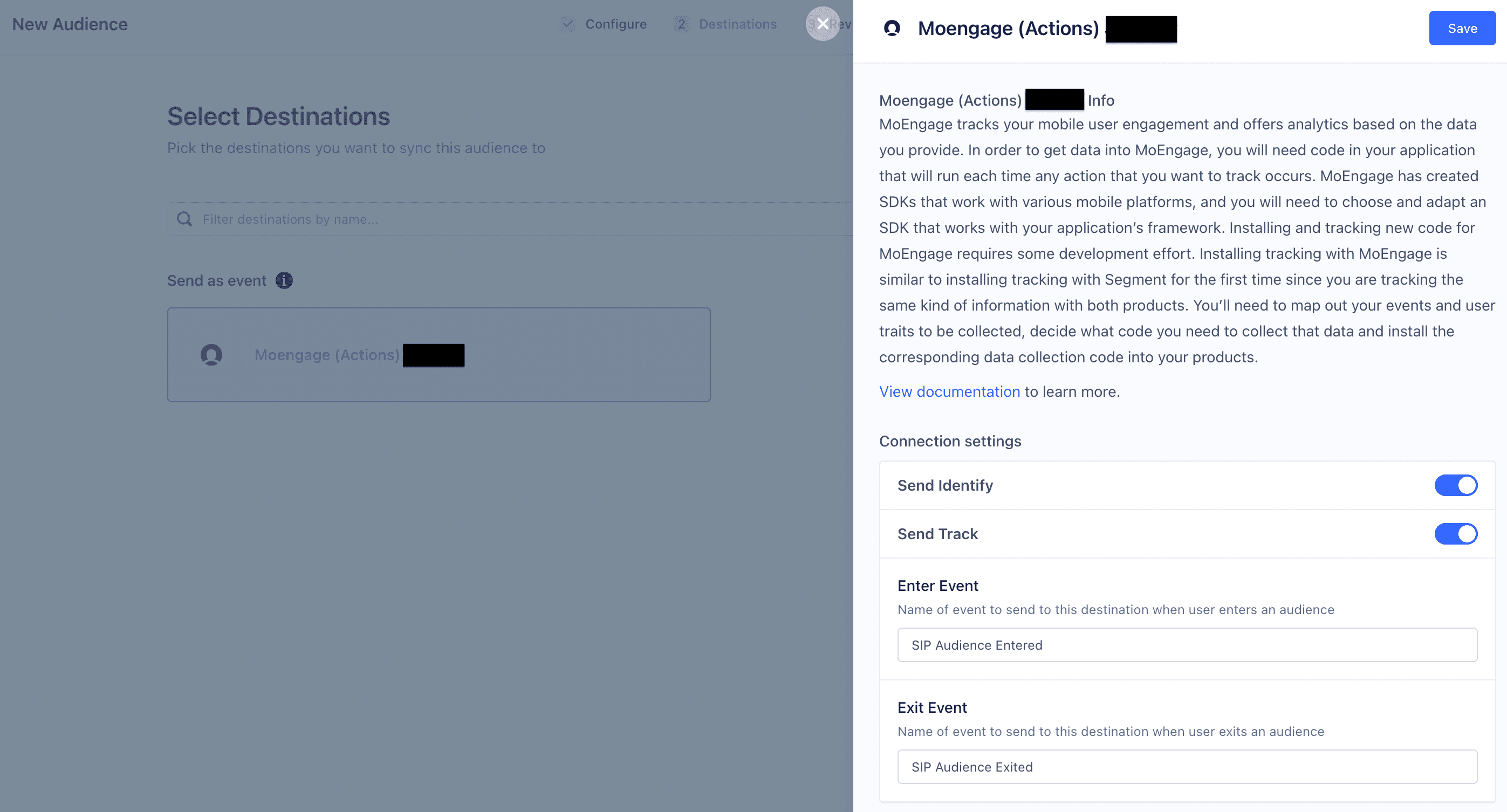 Screenshot of MoEngage (Actions) destination page in Segment.