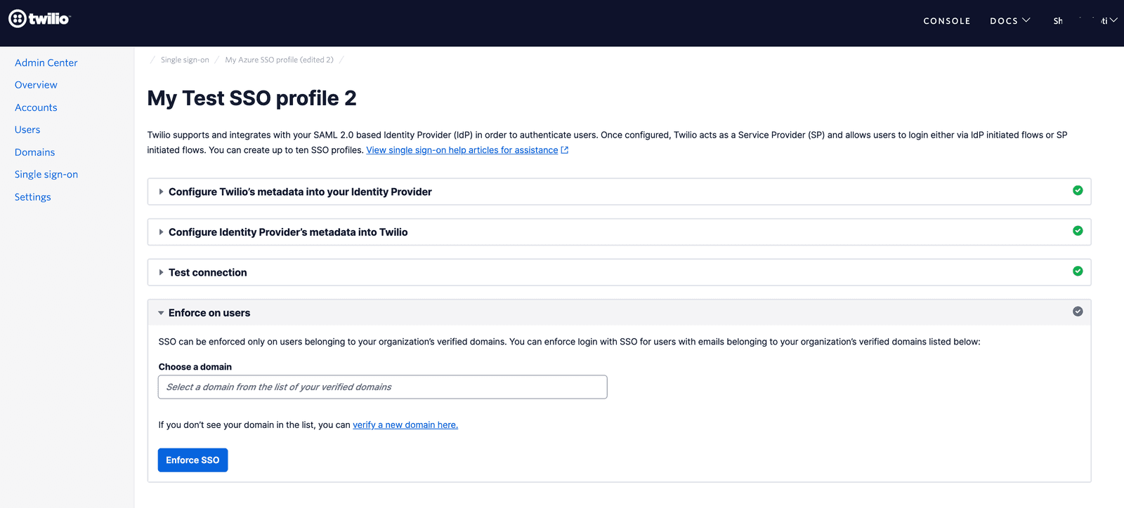Twilio SSO profile setup with options to configure metadata, test connection, and enforce SSO on users.