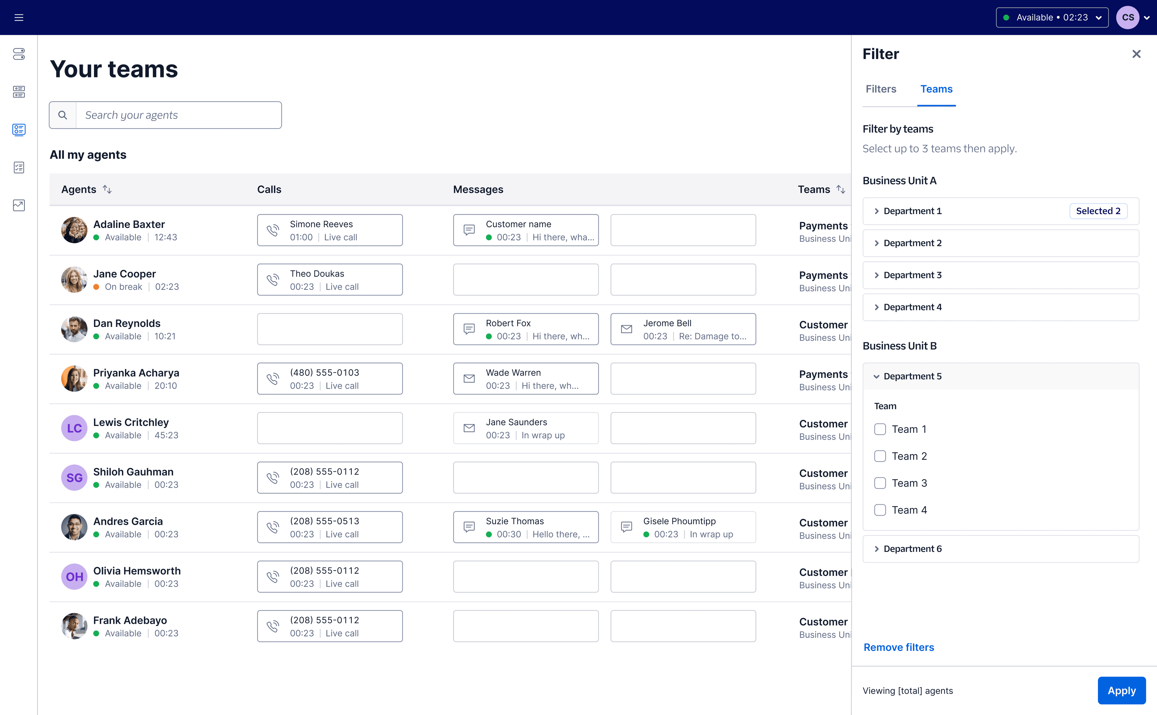Filter how you see agents on the Teams page.