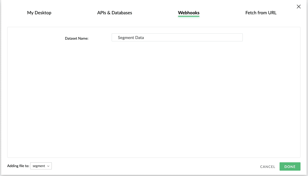 Mammoth webhook screen with dataset name 'Segment Data' input field.