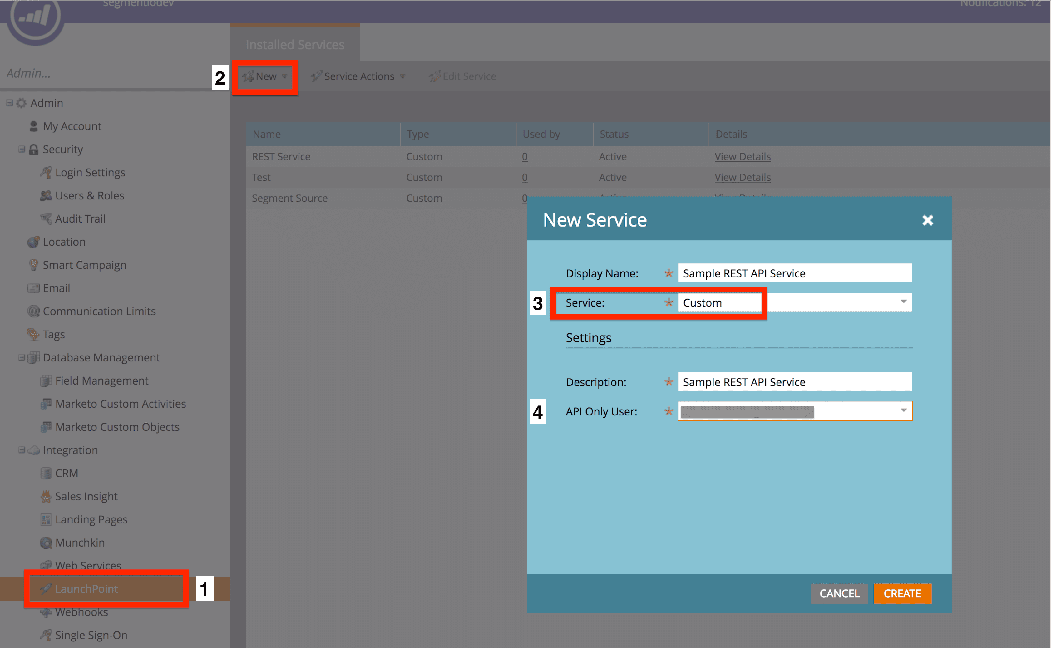 Marketo New Service popup with fields for Display Name, Service, Description, and API Only User.
