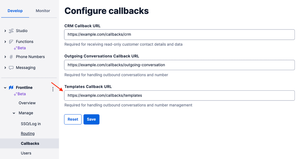 Configure callbacks with CRM, Outgoing Conversations, and Templates URLs.