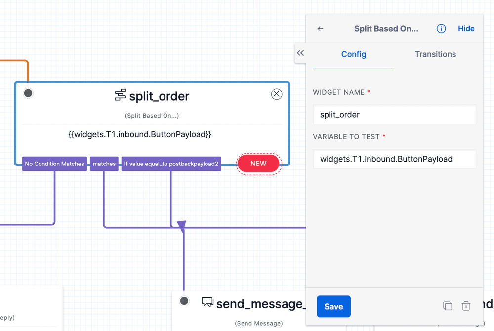 Flowchart showing split_order widget configuration with conditions and variable test.