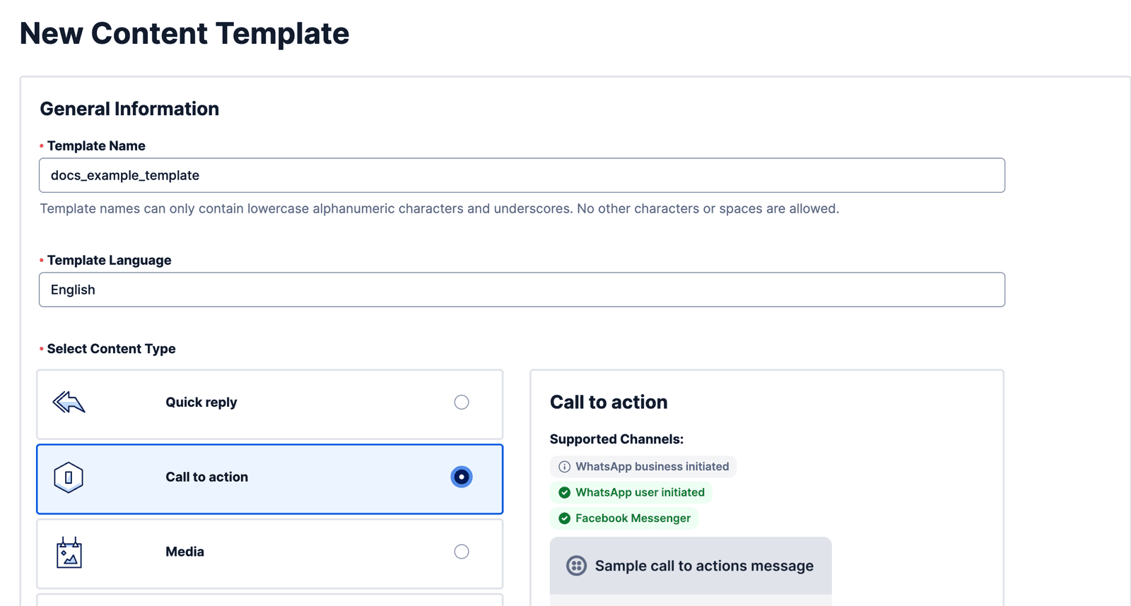 New content template setup with call to action selected for WhatsApp and Facebook Messenger.