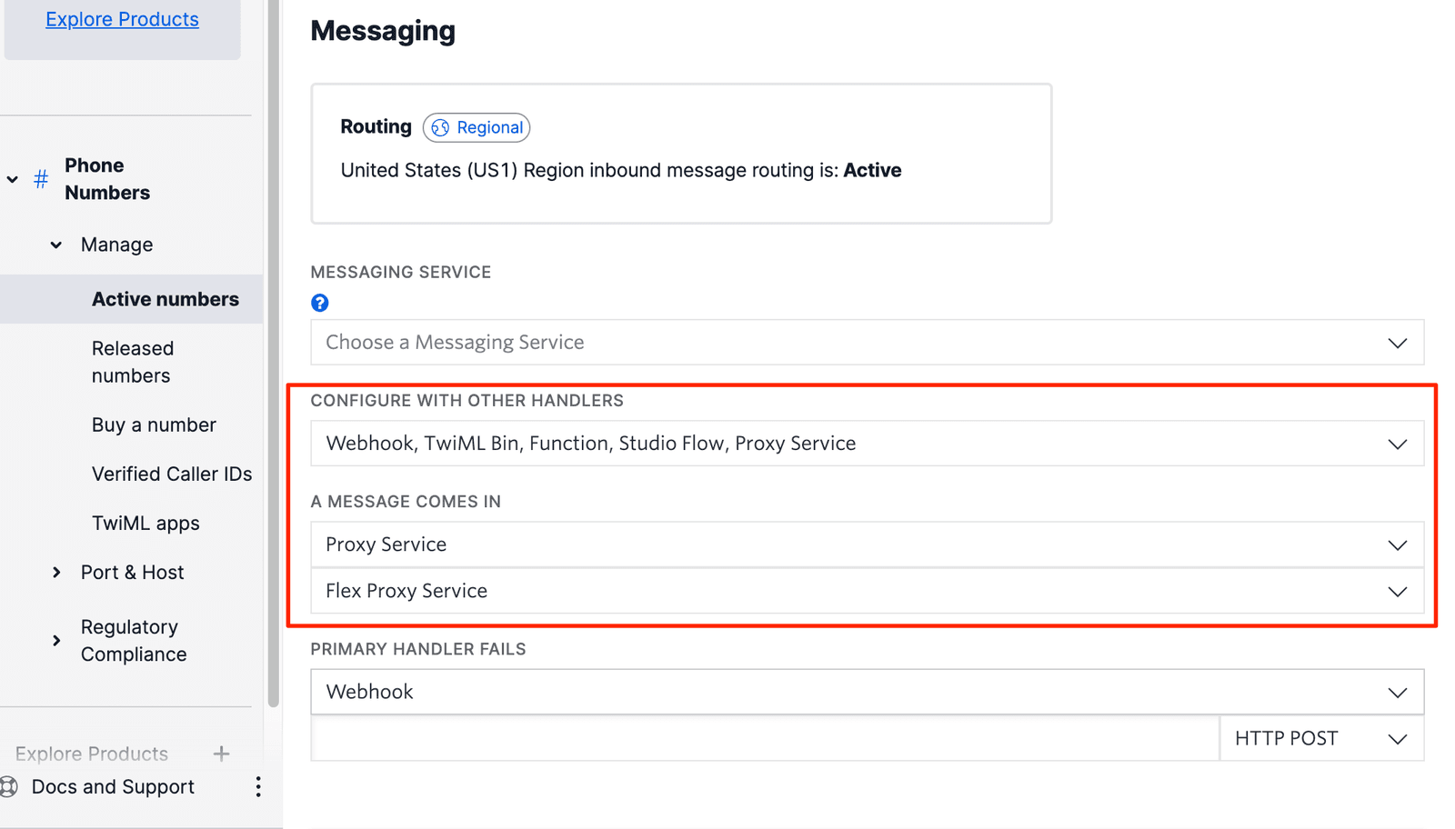 Messaging configuration with options for Webhook, TwiML Bin, Function, Studio Flow, and Proxy Service.