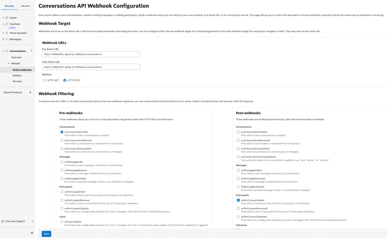 Conversations API webhook configuration with pre-event and post-event URL settings and webhook filtering options.