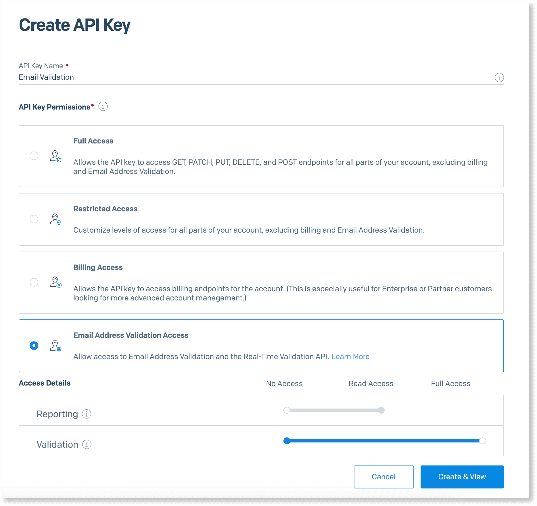 Create API Key page with options for full, restricted, billing, and email address validation access.