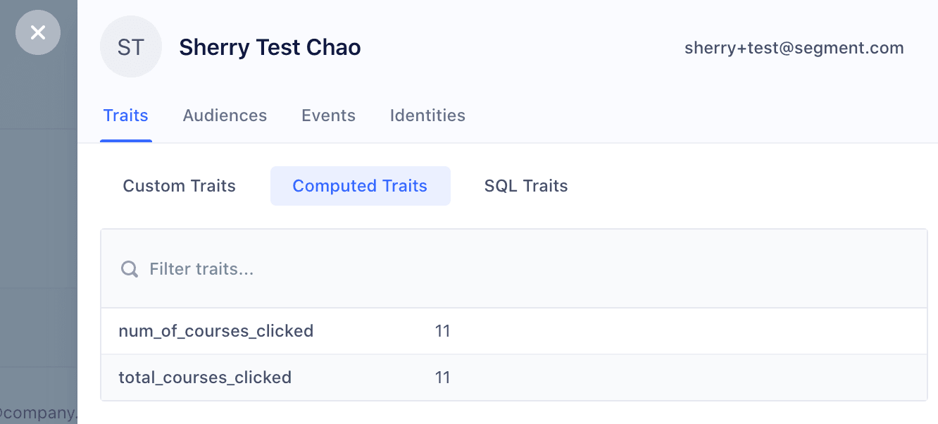 Segment Traits page showing Computed Traits num_of_courses_clicked and total_courses_clicked with value 11.