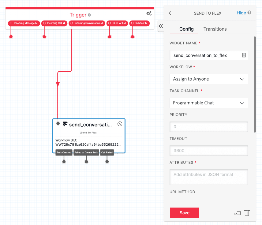 Flow diagram showing a trigger leading to 'send_conversation_to_flex' with configuration options on the right.