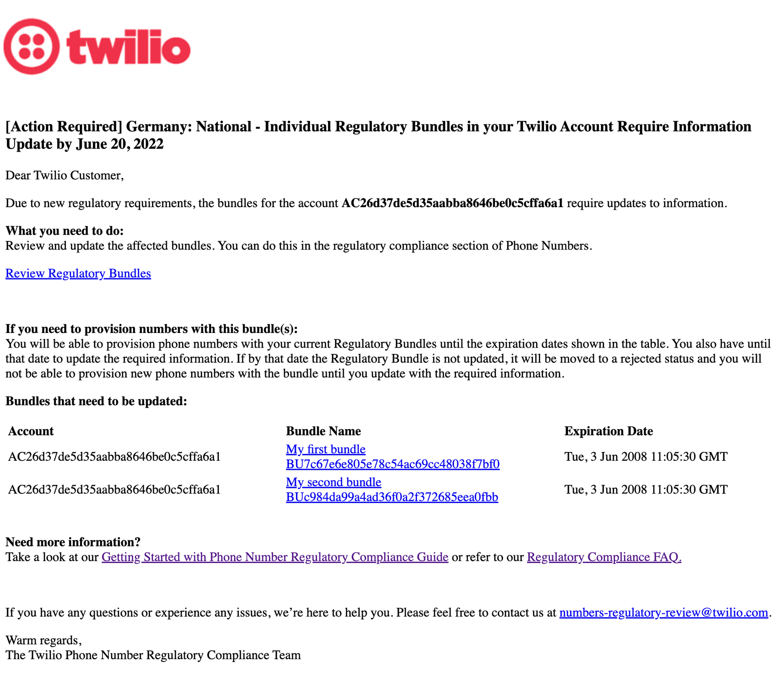 Twilio notification for regulatory updates; review bundles before June 20, 2022. Includes account, bundle names, and expiration dates.