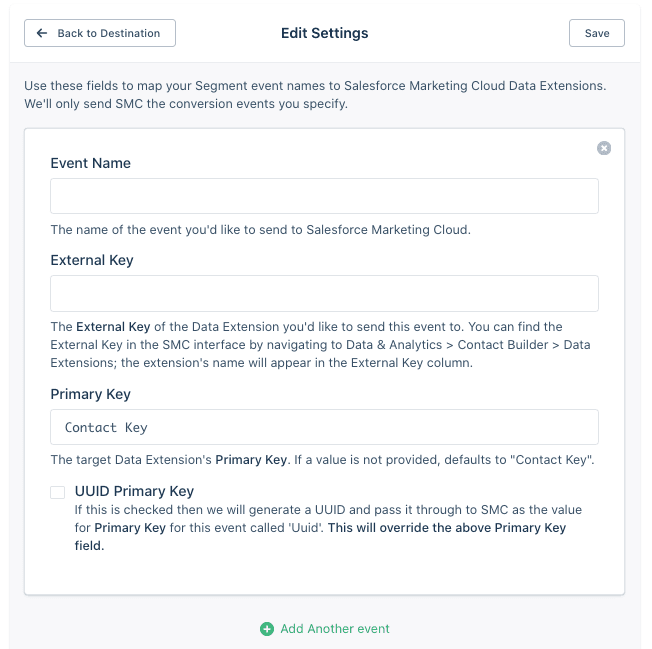 Segment menu in Aircall showing event fields with event names entered call.created, call.answered, call.hungup, call.ended, call.assigned.