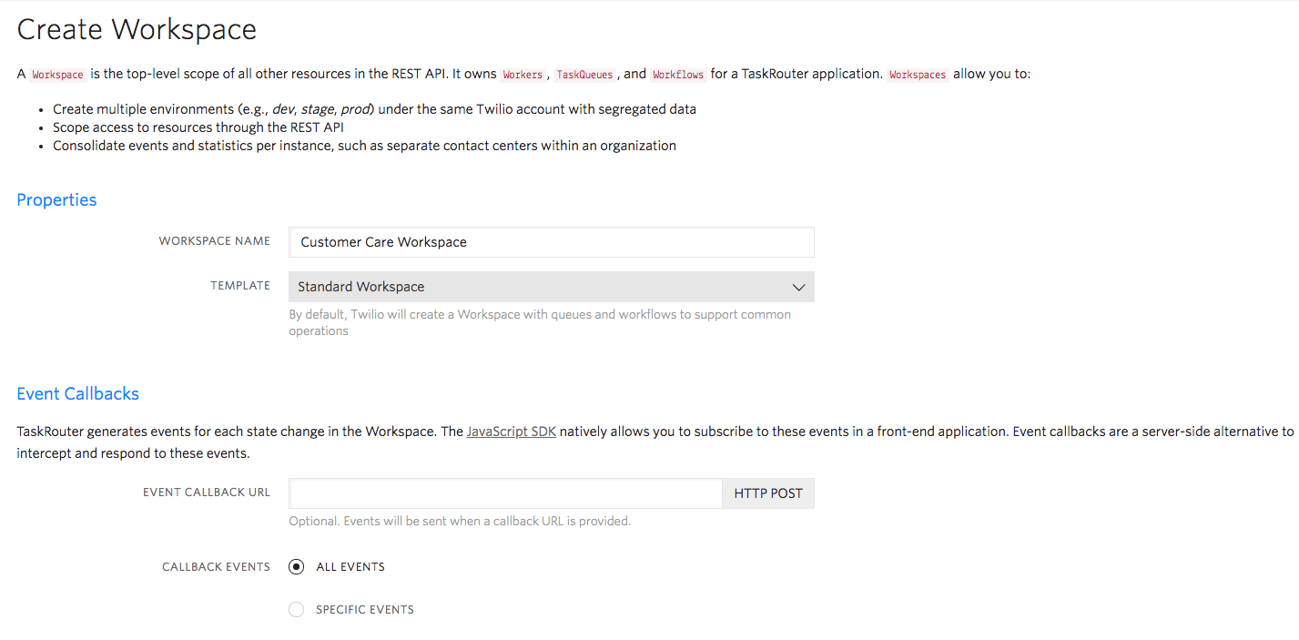 Twilio TaskRouter console showing workspace creation with fields for name and template.