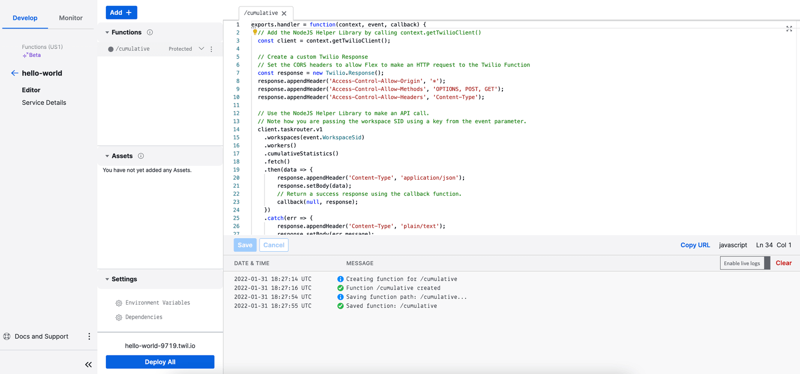 Twilio function code for cumulative statistics with Node.js helper library and CORS headers.