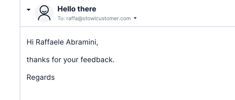 Email message to Raffaele Abramini thanking them for feedback.