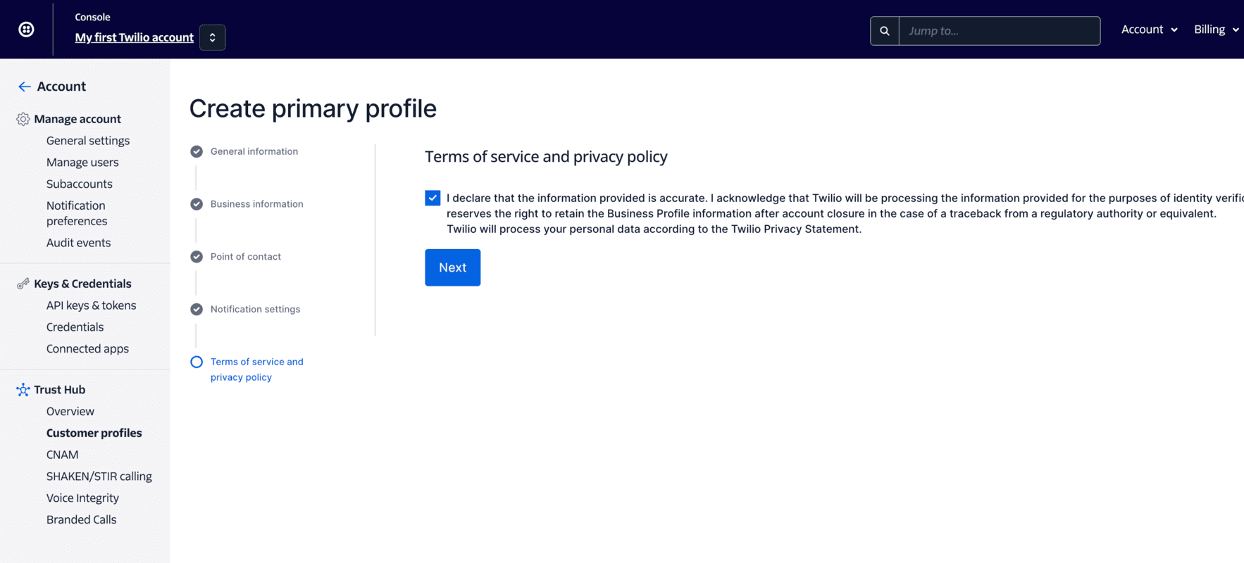 Terms of service and privacy policy agreement for creating a primary profile in Twilio.