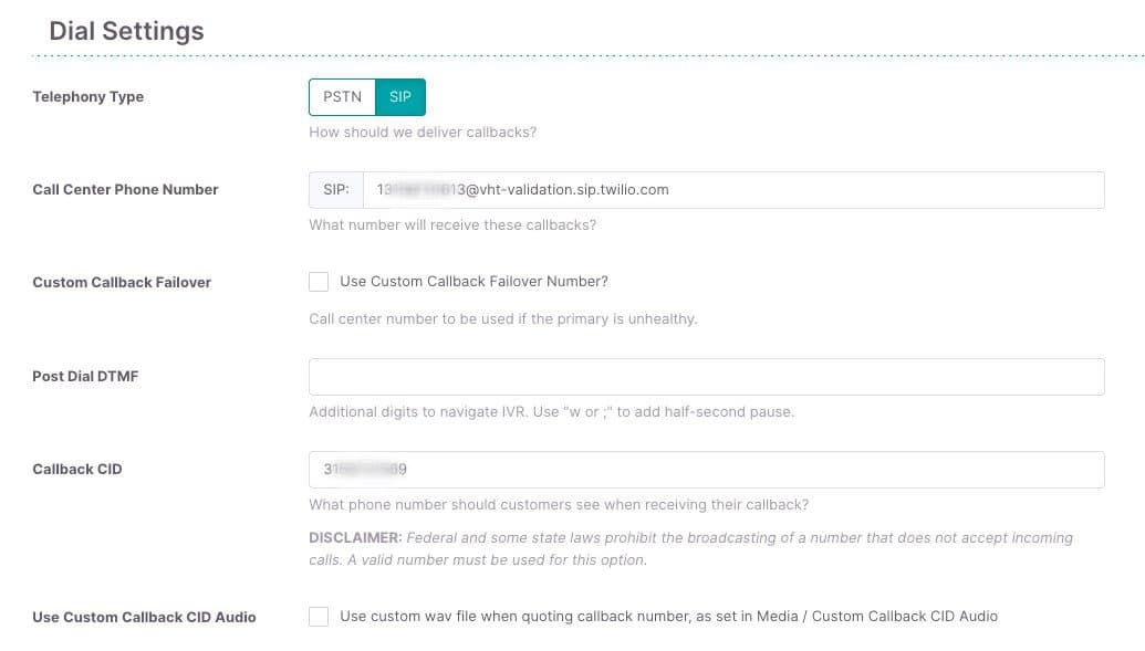 Dial settings with options for telephony type, call center phone number, and custom callback failover.