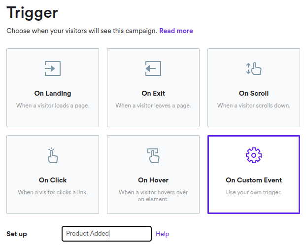 Trigger options for campaign including On Custom Event with Set up for 'Product Added'.