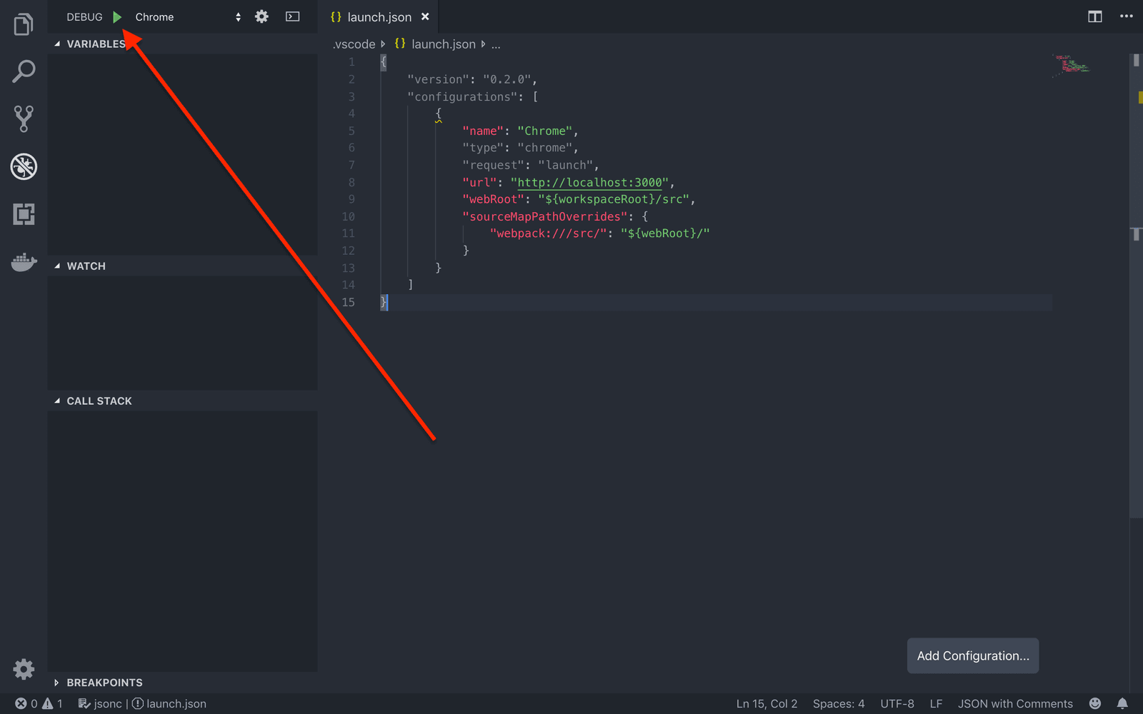 VSCode debugger panel with launch.json configuration for Chrome.