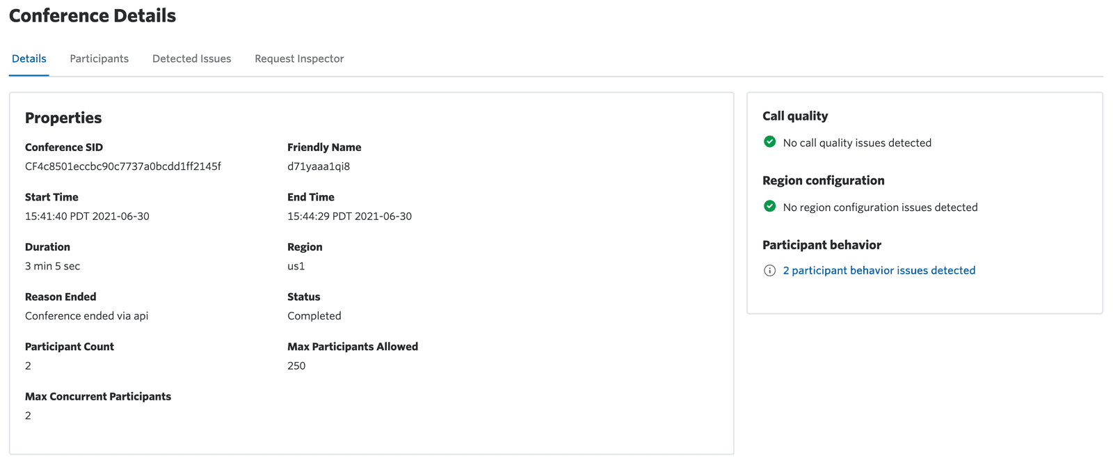 Conference details showing start time, end time, duration, status, and participant issues.