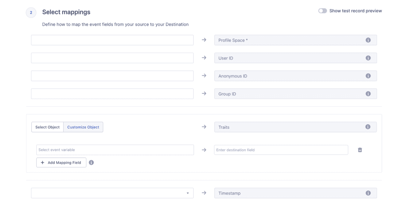 The Select Mappings interface in Segment, showing fields for mapping event data from a source to a destination.
