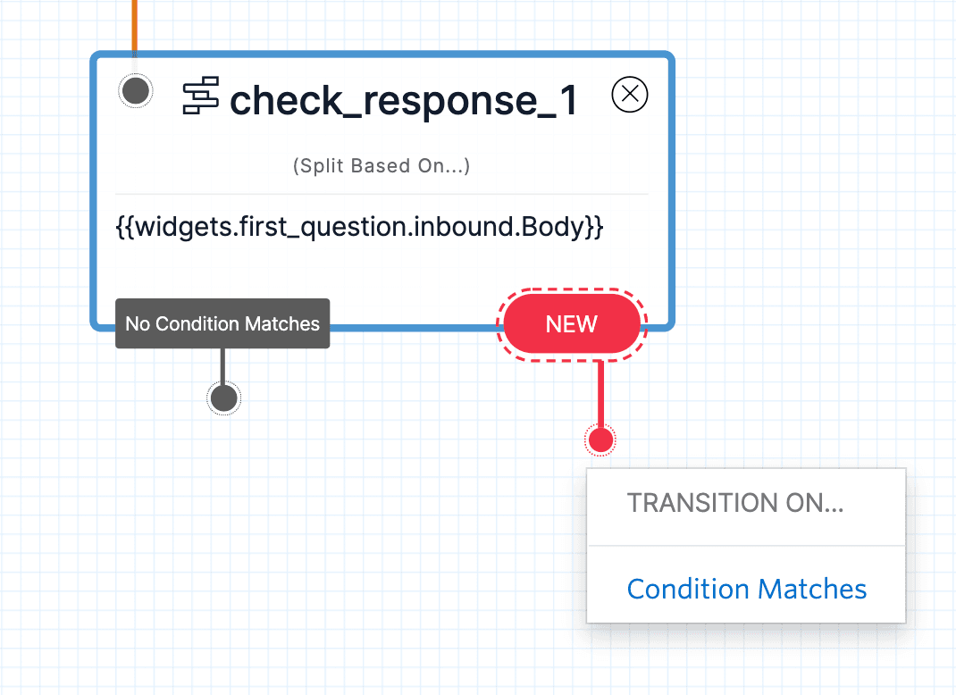 Flowchart showing condition matches with check_response_1 widget and transition options.