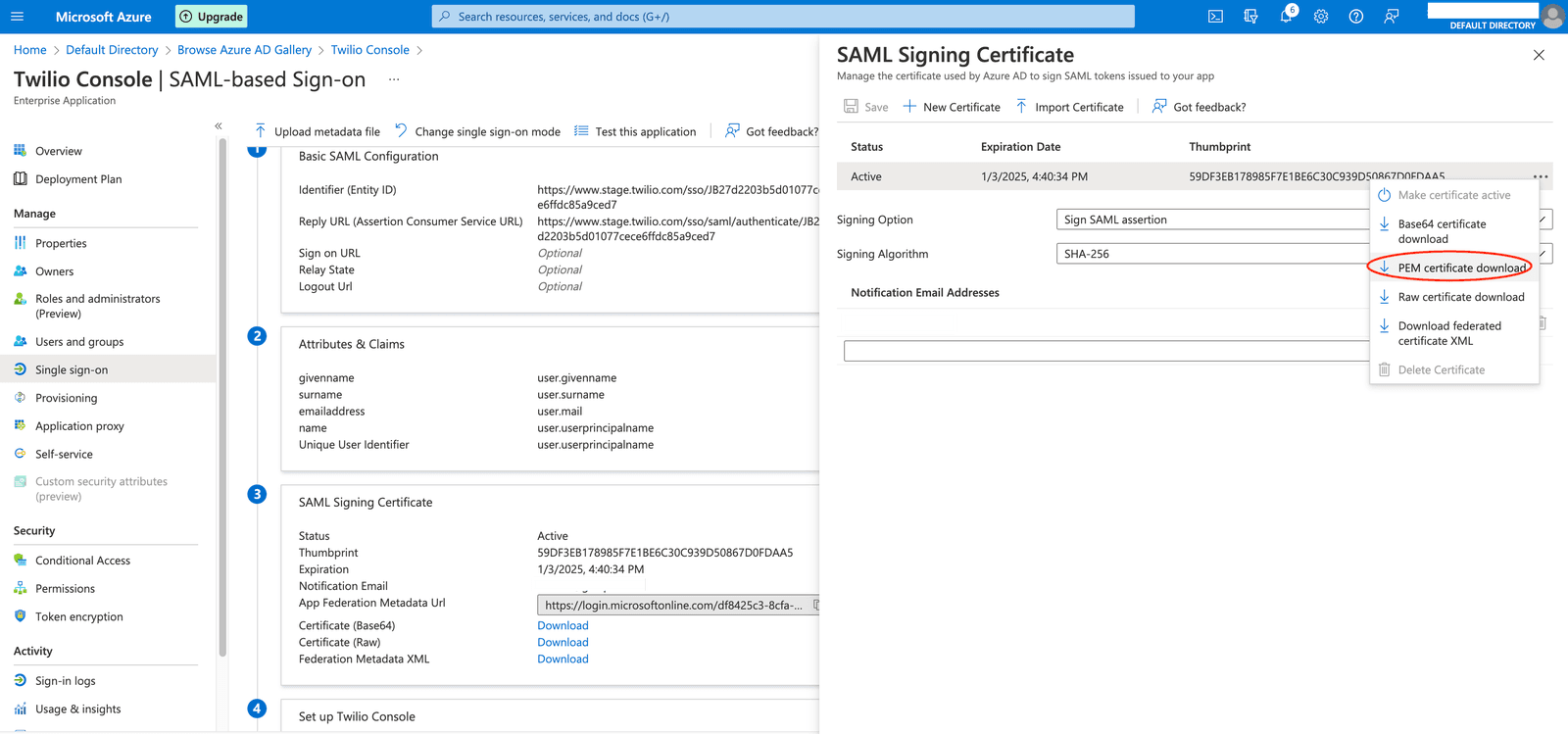 Azure AD SAML signing certificate management with PEM download option highlighted.