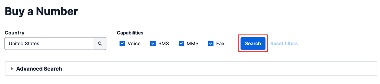 Buy a number interface with country selection and capabilities checkboxes, highlighting the Search button.