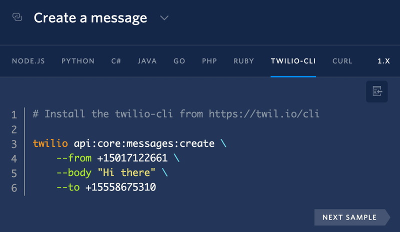 Twilio CLI command to create a message with sender, body, and recipient details.