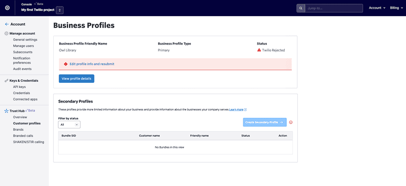 Business profile rejected with option to edit and resubmit.