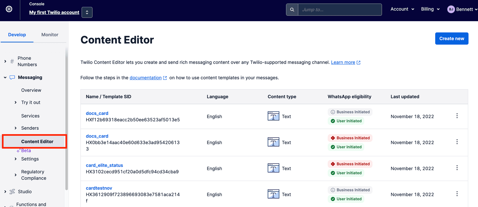 Twilio Content Editor interface with a list of templates and a 'Create new' button highlighted.
