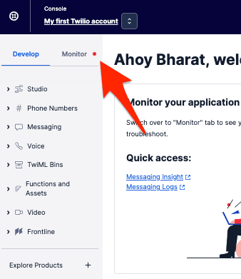Example of the red error indicator in the Twilio Console, next to the Monitor tab.
