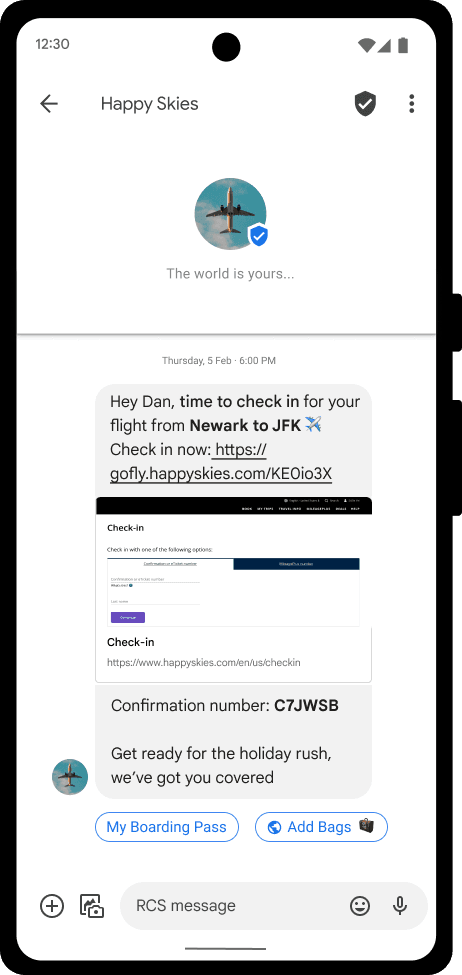 Android device showing an RCS message with a branded sender and dynamic content.