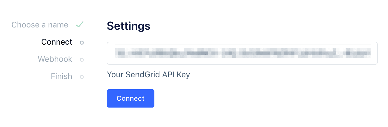 Settings page in the setup flow for the SendGrid source.
