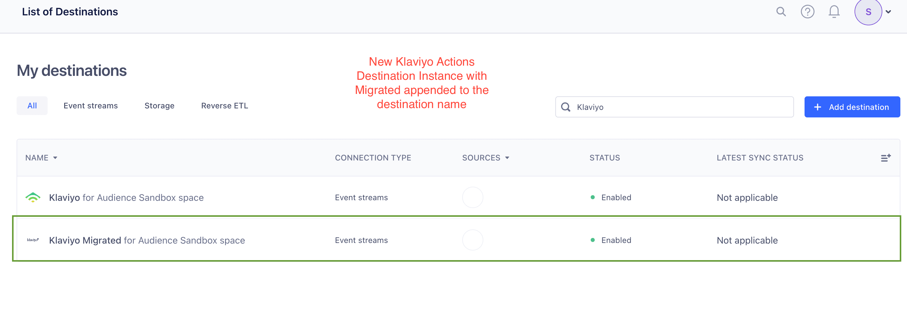 Klaviyo migrated destination highlighted in green with status enabled.