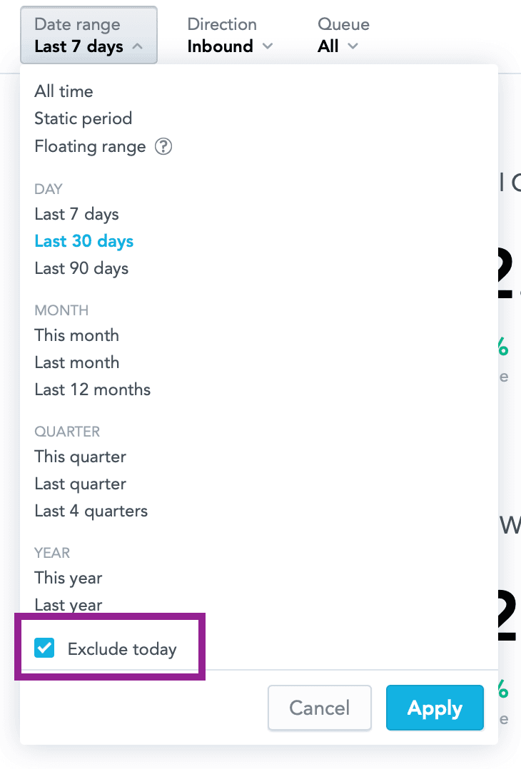 Date range filter with 'Last 30 days' selected and 'Exclude today' checkbox checked.