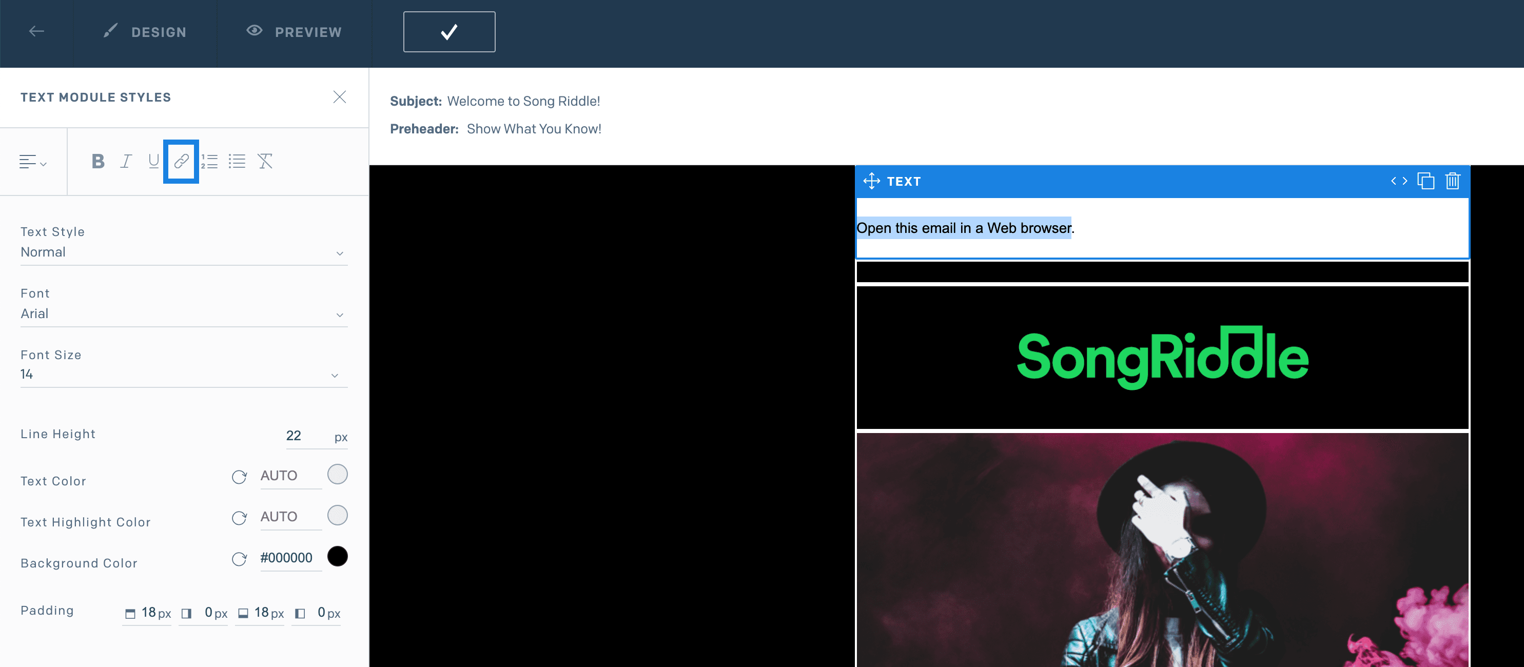 Text Module Styles menu with link icon highlighted, showing email subject and preheader.
