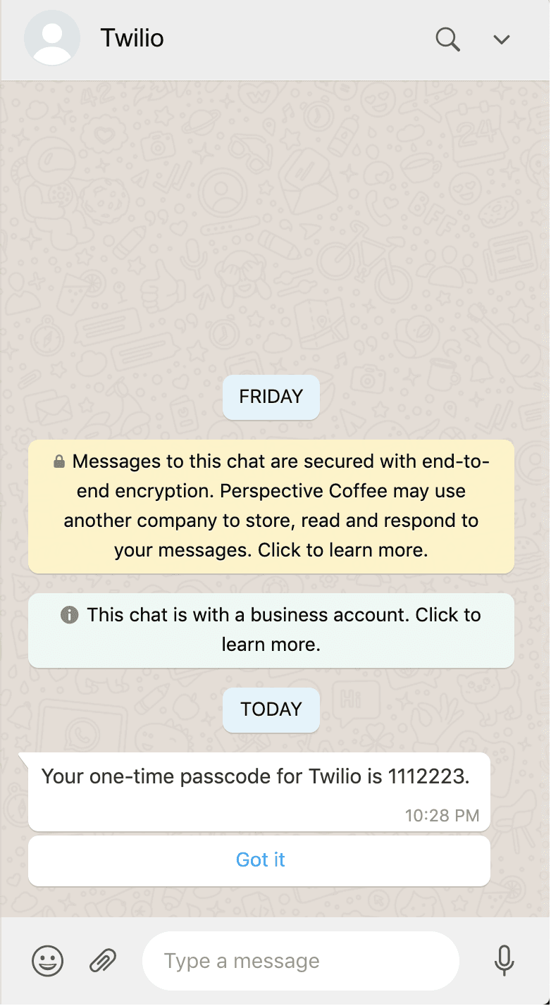 WhatsApp chat showing Twilio passcode 1112223 with encryption notice.