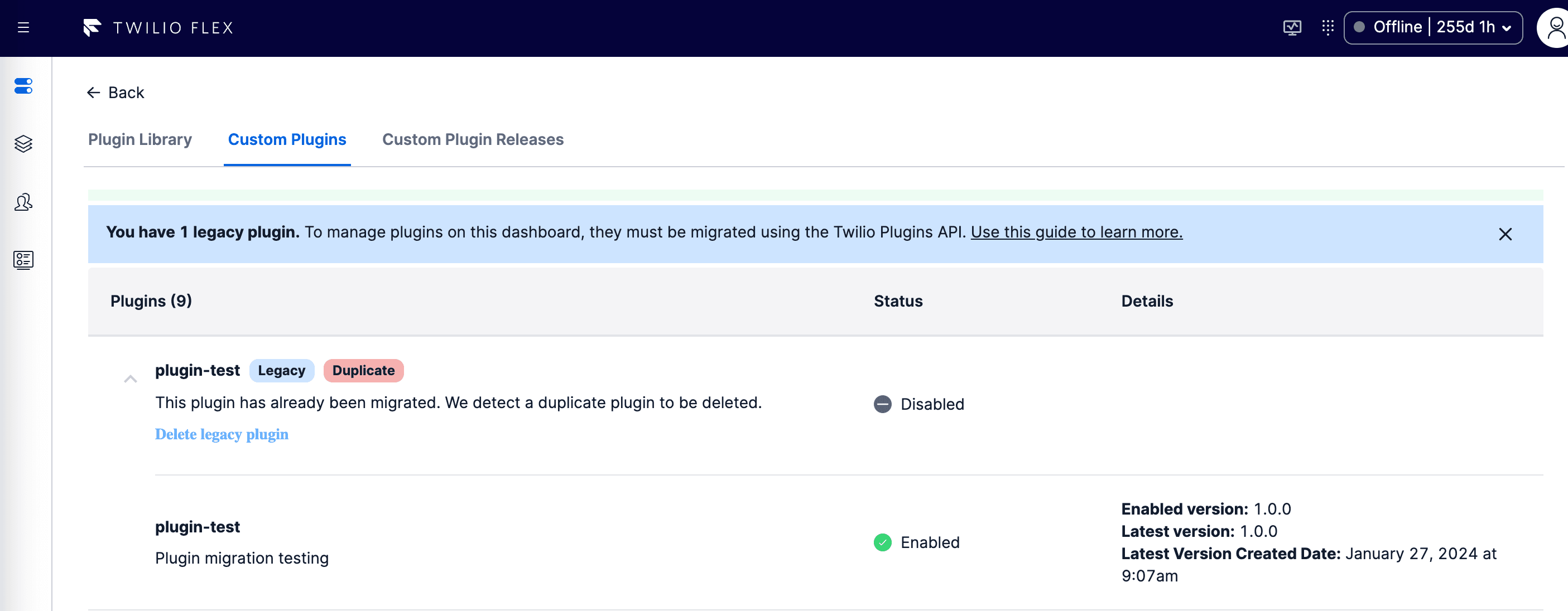 Custom plugins page showing a legacy plugin marked as Disabled and a duplicate notice.