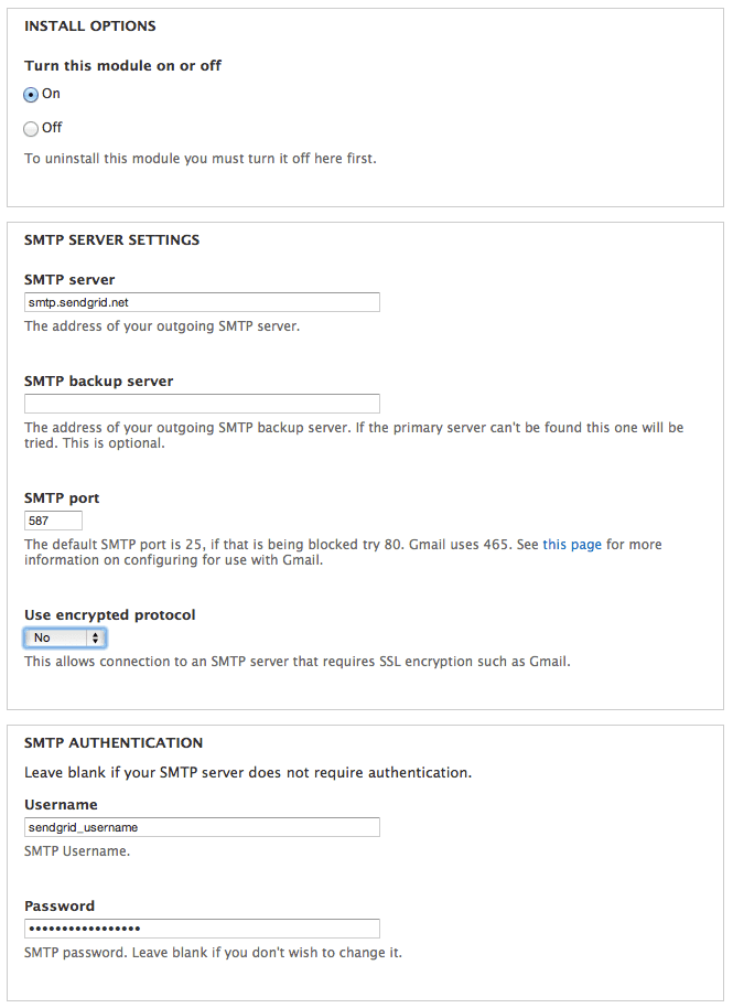 Drupal SMTP module configuration with server, port, encryption, and authentication settings.