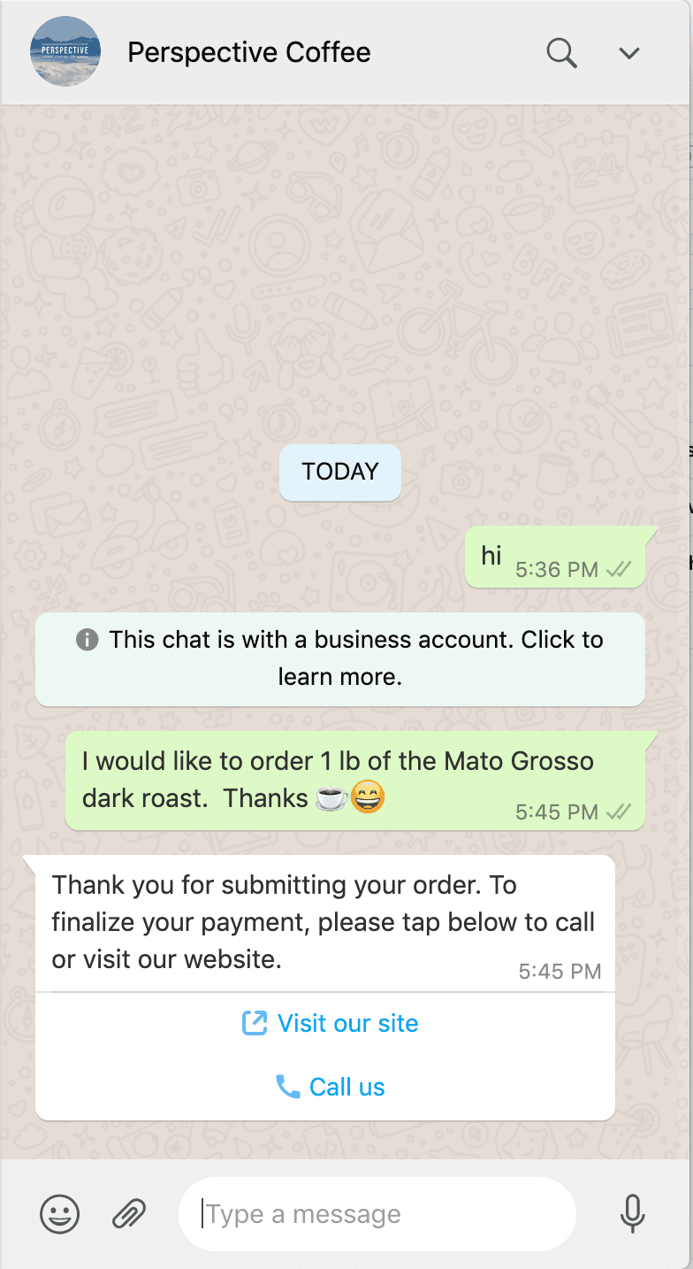 WhatsApp chat with Perspective Coffee showing order confirmation and call-to-action buttons for payment.