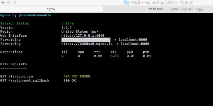 Ngrok session status online with highlighted forwarding URL.