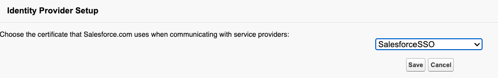 Salesforce SSO certificate selection with save and cancel buttons.