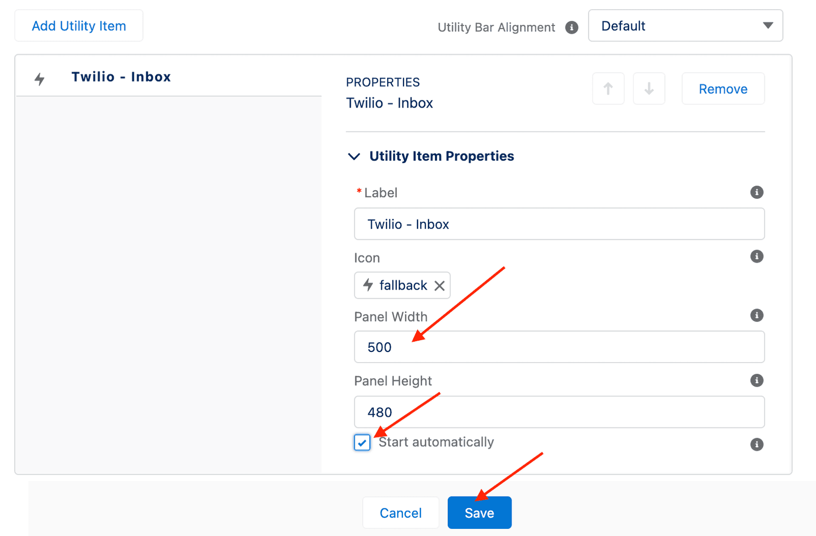 Twilio Inbox utility item properties with panel width 500, height 480, and start automatically checked.