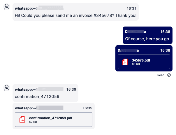 Chat exchange with file attachments, including invoice and confirmation PDFs.