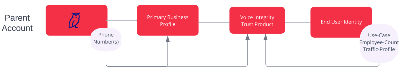Flowchart of voice integrity with parent account, subaccounts, business profiles, and end user identity.